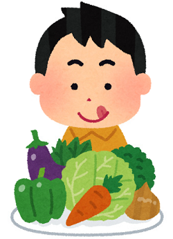 イラスト：キャベツ、ニンジン、ピーマン、玉ねぎなどの野菜と少年