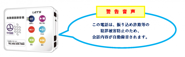 画像：警告音声の内容「この電話は、振り込め詐欺等の犯罪被害防止のため、会話内容が自動録音されます。」