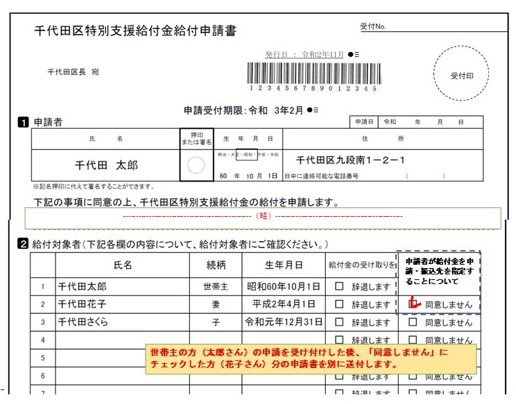 画像：千代田区特別支援給付金給付申請書のイメージ