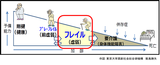 画像：身体の機能が衰えたり、もの忘れや閉じこもりが進むなど加齢に伴い、心身の活力が低下し、要介護に至る手前のフレイルの状態