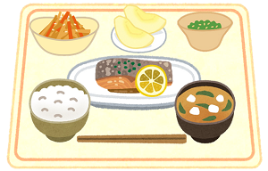 イラスト：魚、ごはん、みそ汁、果物、きんぴらごぼうがセットになった定食