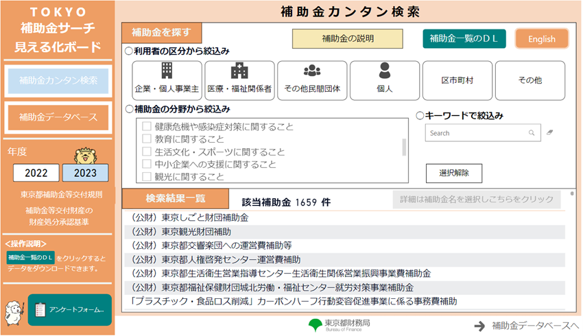 画像：TOKYO補助金サーチ 見える化ボード 補助金簡単検索の画面