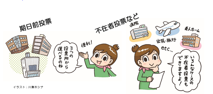 画像：参議院議員選挙の投票を呼びかける漫画（期日前投票・不在者投票など）イラスト：川瀬 ホシナ