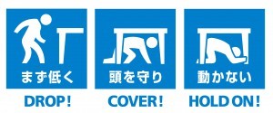 画像：3つの安全行動「まず低く」、「頭を守り」、「動かない」のピクトグラム