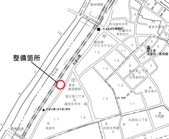 地図：整備箇所「外濠公園（千代田区富士見二丁目9番（東京逓信病院前））」