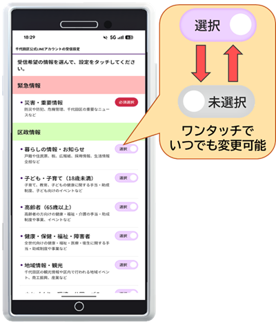 画像：受信を希望する情報は選択、不要な情報は未選択を選ぶ ワンタッチでいつでも変更可能
