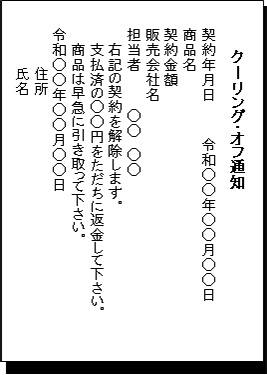 画像：販売会社あてのクーリング・オフ通知の記載例 裏面